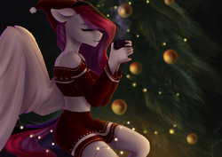 Size: 1858x1316 | Tagged: safe, artist:zefirayn, oc, oc only, pegasus, anthro, anthro oc, chocolate, christmas, christmas tree, clothes, digital art, eyes closed, female, food, holiday, hot chocolate, mare, smiling, solo, tree, vexel
