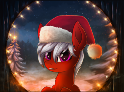 Size: 1548x1153 | Tagged: safe, artist:atlas-66, oc, oc only, pony, christmas, female, hat, holiday, looking at you, mare, night, pine tree, santa hat, smiling, snow, solo, starry night, stars, tree