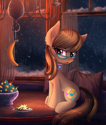 Size: 1562x1848 | Tagged: safe, artist:atlas-66, oc, oc only, oc:dawnsong, earth pony, pony, banana, choker, female, food, glasses, mare, music notes, sitting, snow, snowfall, solo, table, window