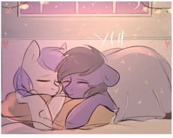 Size: 2236x1788 | Tagged: safe, artist:pesty_skillengton, oc, oc only, g4, bed, bedroom, commission, cute, female, female on male, love, male, night, present, romantic, stallion, straight, your character here