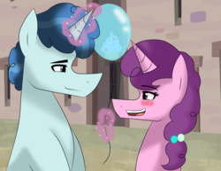 Size: 1024x790 | Tagged: safe, artist:sapphireartemis, party favor, sugar belle, balloon, female, glowing horn, magic, male, partybelle, shipping, straight, telekinesis