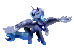 Size: 3507x2480 | Tagged: safe, artist:dormin-dim, princess luna, alicorn, pony, g4, female, high res, mare, raised hoof, s1 luna, simple background, smiling, solo, spread wings, transparent background, wings