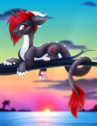 Size: 1024x1324 | Tagged: safe, artist:scarlet-spectrum, oc, oc only, oc:scarlet spectrum, dracony, hybrid, female, mare, prone, smiling, solo, sunset, tree branch, water