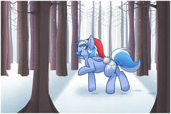 Size: 3030x2030 | Tagged: safe, artist:youwannaslap, oc, oc only, oc:falling skies, pegasus, pony, christmas, cute, female, forest, freckles, happy, hat, high res, holiday, mare, outdoors, santa hat, snow, snowfall, solo, winter