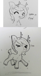 Size: 1141x2076 | Tagged: safe, artist:tjpones, oc, oc only, deer, reindeer, chest fluff, comic, deer magic, dialogue, ear fluff, eyes closed, female, grayscale, levitation, lineart, magic, monochrome, raspberry noise, scrunchy face, self-levitation, smiling, solo, sparkles, telekinesis, traditional art