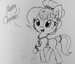Size: 1095x932 | Tagged: safe, artist:tjpones, oc, oc only, oc:brownie bun, earth pony, pony, horse wife, bells, christmas, dialogue, ear fluff, female, grayscale, holiday, lineart, mare, merry christmas, monochrome, raised hoof, solo, traditional art