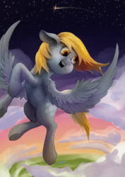 Size: 1024x1448 | Tagged: safe, artist:xormak, derpy hooves, pegasus, pony, g4, cloud, female, flying, mare, smiling, solo