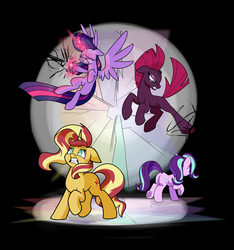 Size: 1500x1600 | Tagged: safe, artist:heir-of-rick, starlight glimmer, sunset shimmer, tempest shadow, twilight sparkle, alicorn, pony, unicorn, g4, my little pony: the movie, broken horn, crying, eye scar, eyes closed, female, fight, floppy ears, flying, glass, glowing hooves, glowing horn, gritted teeth, horn, magic, mare, rearing, scar, spread wings, twilight sparkle (alicorn), wings