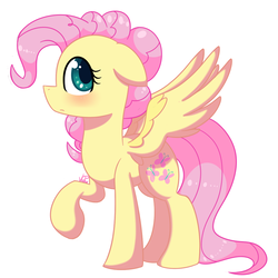 Size: 1000x1000 | Tagged: safe, artist:vale-bandicoot96, fluttershy, pinkie pie, pegasus, pony, g4, season 8, the mean 6, alternate hairstyle, blushing, cute, female, floppy ears, mane swap, mare, pinkie pie hair, raised hoof, shyabetes, signature, simple background, solo, white background