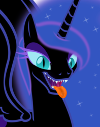 Size: 5144x6538 | Tagged: safe, alternate version, artist:emu34b, derpibooru exclusive, nightmare moon, alicorn, pony, g4, absurd resolution, bioluminescent, drool, female, kitchen eyes, mare, mawshot, missing accessory, open mouth, sharp teeth, simple background, solo, teeth, tongue out, transparent background, vector
