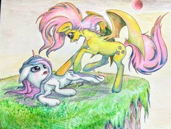 Size: 1024x774 | Tagged: safe, artist:shotsyshotsy, fluttershy, rarity, bat pony, pony, unicorn, g4, female, flutterbat, looking at each other, mare, race swap, spread wings, traditional art, watermark, wings