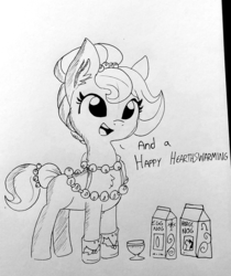 Size: 1214x1447 | Tagged: safe, artist:tjpones, oc, oc only, oc:brownie bun, earth pony, pony, horse wife, bells, belly button, chest fluff, dialogue, eggnog, female, grayscale, hearth's warming, horse nog, lineart, mare, monochrome, smiling, solo, traditional art