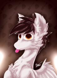 Size: 1600x2200 | Tagged: safe, artist:chebypattern, oc, oc only, oc:guitarbrony, pegasus, pony, brown, cheek fluff, chest fluff, ear fluff, guitar, musician, solo, tongue out