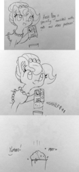 Size: 1336x2890 | Tagged: safe, artist:tjpones, oc, oc only, oc:brownie bun, earth pony, pony, horse wife, bells, black and white, comic, dialogue, ear fluff, eggnog, female, food, grayscale, hoof hold, horse nog, lineart, mare, monochrome, onomatopoeia, traditional art