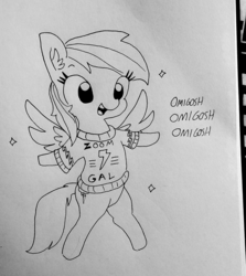 Size: 1336x1496 | Tagged: safe, artist:tjpones, rainbow dash, pegasus, pony, g4, black and white, clothes, dialogue, ear fluff, female, flying, grayscale, lineart, mare, monochrome, omigosh, open mouth, smiling, solo, sparkles, sweater, traditional art, ugly sweater
