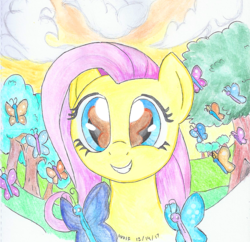 Size: 790x764 | Tagged: safe, artist:astevenamedwolf, fluttershy, butterfly, pegasus, pony, g4, the cutie mark chronicles, bust, eye reflection, female, filly, filly fluttershy, mare, portrait, reflection, scene interpretation, smiling, so many wonders, solo, traditional art, tree, younger