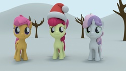 Size: 5120x2880 | Tagged: safe, artist:edplus, apple bloom, scootaloo, sweetie belle, earth pony, pegasus, pony, unicorn, g4, 3d, christmas, cutie mark crusaders, female, filly, hat, holiday, looking at you, santa hat, snow