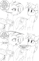 Size: 1980x3060 | Tagged: safe, artist:silfoe, twilight sparkle, oc, oc:captain vulpa, alicorn, bat pony, pony, royal sketchbook, g4, bat pony oc, black and white, comic, dialogue, duo, female, grayscale, guard, lineart, mare, monochrome, night guard, shocked, simple background, speech bubble, twilight sparkle (alicorn), white background