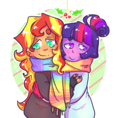 Size: 836x802 | Tagged: safe, artist:jackytheripperart, sci-twi, sunset shimmer, twilight sparkle, equestria girls, g4, alternate hairstyle, clothes, coat, female, holly, holly mistaken for mistletoe, lesbian, scarf, ship:sci-twishimmer, ship:sunsetsparkle, shipping, smiling