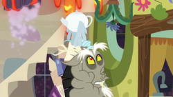 Size: 1280x720 | Tagged: safe, screencap, discord, draconequus, discordant harmony, g4, discord's house, ducking, male, solo, squishy, teapot, volcano, winged teapot