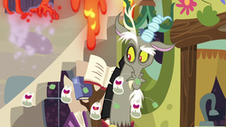 Size: 1280x720 | Tagged: safe, screencap, discord, discordant harmony, g4, book, ginseng teabags, male, solo, volcano