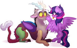 Size: 1124x711 | Tagged: safe, artist:tizhonolulu, discord, twilight sparkle, alicorn, draconequus, pony, g4, boop, double boop, duo, female, male, ship:discolight, shipping, simple background, straight, tongue out, twilight sparkle (alicorn), white background