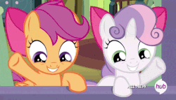 Size: 600x343 | Tagged: safe, screencap, scootaloo, sweetie belle, pony, unicorn, g4, somepony to watch over me, animated, bow, cute, cutealoo, diasweetes, duo, female, filly, hub logo, smile and wave, smiling, waving
