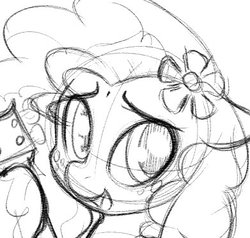 Size: 391x372 | Tagged: safe, artist:zajice, pear butter, earth pony, pony, g4, female, floppy ears, flower, freckles, guitar, mare, monochrome, open mouth, sketch, smiling, solo, wip