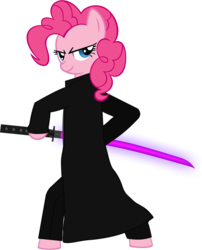 Size: 1350x1669 | Tagged: safe, artist:darkaluminum, pinkie pie, g4, bipedal, clothes, female, katana, simple background, solo, sword, transparent background, trenchcoat, weapon