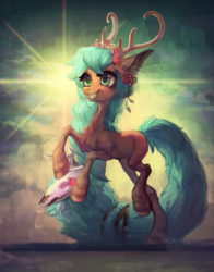 Size: 1631x2079 | Tagged: safe, artist:natanatfan, oc, oc only, deer, antlers, commission, female, floral head wreath, flower, grin, happy, rearing, signature, smiling, solo, tail wrap