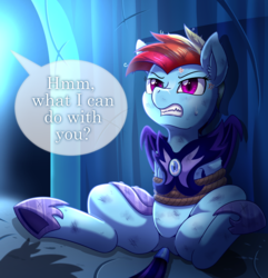Size: 1447x1500 | Tagged: safe, artist:vavacung, rainbow dash, pegasus, pony, g4, alternate timeline, angry, armor, bondage, bruised, castle of the royal pony sisters, cross-popping veins, dialogue, dock, featureless crotch, female, grammar error, gritted teeth, implied nightmare moon, mare, night guard dash, nightmare takeover timeline, offscreen character, patreon, patreon reward, rope, ropes, solo focus, speech bubble, tail wrap, tied up, underhoof