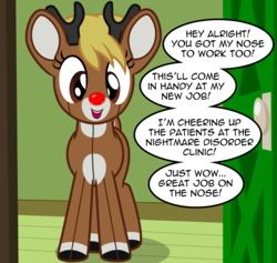 Size: 2532x2398 | Tagged: safe, artist:badumsquish, derpibooru exclusive, oc, oc only, oc:deerponebot, deer, deer pony, hybrid, original species, pony, robot, robot pony, christmas, dark comedy, dialogue, door, glowing nose, happy, high res, holiday, house, impending disaster, male, red nose, rudolph the red nosed reindeer, shoddy workmanship, solo, talking to viewer, this will end in nightmares, this will end in tears, this will not end well, two toned coat, what could possibly go wrong, wires