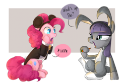Size: 1440x950 | Tagged: safe, artist:emositecc, maud pie, pinkie pie, earth pony, pony, g4, animal costume, bugs bunny, bunny costume, carrot, clothes, cosplay, costume, cuffs (clothes), dialogue, duo, duo female, female, food, mare, mickey mouse, mouse costume, pie sisters, siblings, simple background, sisters, speech bubble, transparent background