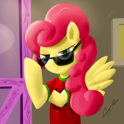 Size: 1250x1250 | Tagged: safe, artist:asajiopie01, strawberry sunrise, pegasus, pony, g4, clothes, deal with it, female, lidded eyes, looking at you, mare, shirt, smiling, smirk, smug, solo, spread wings, sunglasses, wings