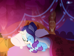 Size: 3400x2550 | Tagged: safe, artist:nightmaremoons, rarity, pony, unicorn, g4, bed, blanket, bow, clothes, cute, eyes closed, female, high res, mare, plushie, show accurate, signature, sleeping, socks, solo
