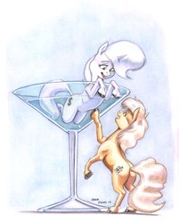 Size: 1100x1370 | Tagged: safe, artist:baron engel, oc, oc only, oc:carousel, oc:petina, pony, chibi, cocktail glass, cup, cup of pony, drinking glass, micro, open mouth, rearing, tiny ponies, traditional art, unshorn fetlocks