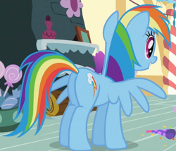 Size: 617x529 | Tagged: safe, screencap, rainbow dash, pegasus, pony, g4, party of one, butt, cropped, female, mare, plot, solo, spread wings, wings