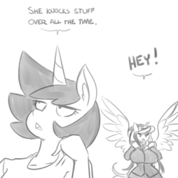 Size: 500x500 | Tagged: source needed, safe, artist:reiduran, oc, oc only, oc:corona flare, oc:ostria chime, pegasus, unicorn, anthro, anthro oc, big breasts, breasts, clothes, dialogue, ear fluff, female, grayscale, huge breasts, monochrome, spread wings, wings