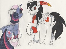 Size: 1344x1016 | Tagged: safe, artist:☲, twilight sparkle, oc, oc:ember storm, alicorn, pony, g4, alicorn oc, canon x oc, christmas, clothes, female, hat, holiday, male, raised hoof, santa hat, scarf, shipping, snow, straight, traditional art, twilight sparkle (alicorn), unshorn fetlocks