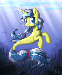 Size: 1200x1448 | Tagged: safe, artist:sirzi, oc, oc only, fish, pony, seapony (g4), female, seaponified, smiling, solo, species swap, underwater, ych result