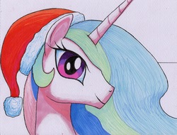 Size: 3012x2289 | Tagged: safe, artist:bbqninja501st, princess celestia, pony, g4, christmas, female, hat, high res, holiday, looking at you, mare, santa hat, simple background, smiling, traditional art, white background