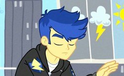 Size: 928x570 | Tagged: safe, screencap, flash sentry, best trends forever, equestria girls, g4, my little pony equestria girls: better together, alternate hairstyle, cropped, eyes closed, male