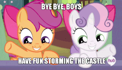 Size: 600x343 | Tagged: safe, edit, edited screencap, screencap, scootaloo, sweetie belle, pegasus, pony, unicorn, g4, somepony to watch over me, bow, caption, cute, cutealoo, diasweetes, female, filly, gif, hair bow, have fun storming the castle, hub logo, image macro, meme, movie reference, non-animated gif, smile and wave, smiling, the princess bride, waving