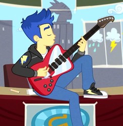 Size: 703x720 | Tagged: safe, screencap, flash sentry, best trends forever, equestria girls, g4, my little pony equestria girls: better together, alternate hairstyle, clothes, converse, cropped, electric guitar, eyes closed, guitar, male, musical instrument, shoes, sneakers, solo