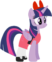 Size: 370x438 | Tagged: safe, artist:selenaede, artist:user15432, twilight sparkle, alicorn, pony, g4, base used, blossom (powerpuff girls), bow, cartoon network, clothes, crossover, dress, female, leggings, mare, pink dress, red bow, shoes, solo, the powerpuff girls, twilight sparkle (alicorn)