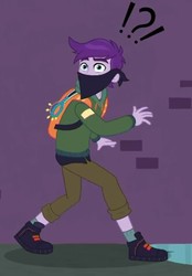 Size: 331x476 | Tagged: safe, screencap, sugilite slight, equestria girls, g4, my little pony equestria girls: better together, super squad goals, background human, backpack, clothes, cropped, exclamation point, interrobang, male, pants, question mark, shoes, solo, thief