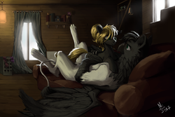 Size: 3000x2000 | Tagged: safe, artist:nsilverdraws, oc, oc only, oc:forge, oc:veen sundown, griffon, horse, pegasus, pony, book, box, carving, clothes, couch, detailed, female, grabbing, griffon oc, high res, hug, indoors, love, male, mare, shelf, shipping, smiling, snuggling, stairs, sundown clan, window, wood