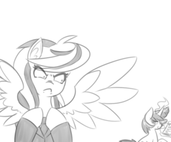 Size: 600x500 | Tagged: source needed, safe, artist:reiduran, oc, oc only, oc:corona flare, oc:ostria chime, pegasus, pony, unicorn, angry, ask, clothes, ear fluff, female, glowing horn, grayscale, horn, mare, monochrome, smiling, spread wings, tumblr, unamused, wings