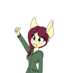 Size: 750x750 | Tagged: safe, artist:silverfox057, oc, oc only, oc:short shift, earth pony, anthro, anthro oc, approved, blood, clothes, female, mare, nosebleed, simple background, smiling, solo, thumbs up, transparent background