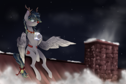 Size: 3000x2000 | Tagged: safe, artist:wacky-skiff, oc, oc only, oc:updraft, pony, animal costume, antlers, bells, blue eyes, chimney, christmas, clothes, costume, cutie mark, female, high res, holiday, mare, mug, multicolored hair, night, red nose, reindeer antlers, reindeer costume, rooftop, sitting, snow, stars, wings